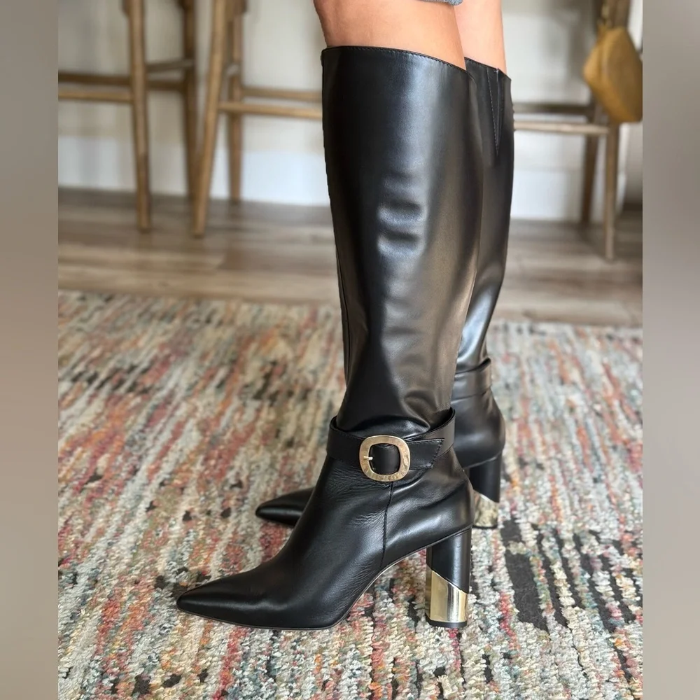 Black Knee High Leather Boots with Gold detail buckle and heel! Soft leather - Picture 6 of 10